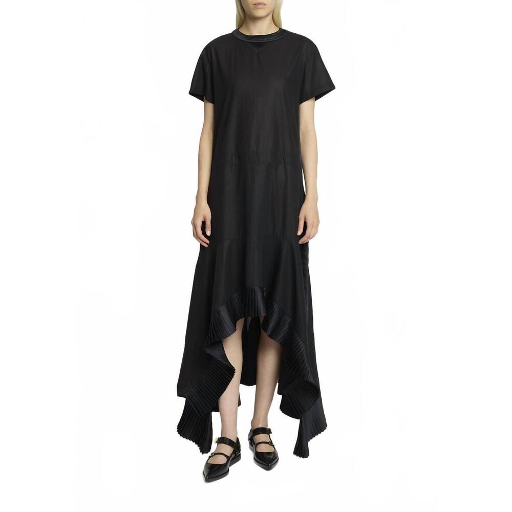 NEW SACAI short sleeve pleated detail handkerchief dress in black